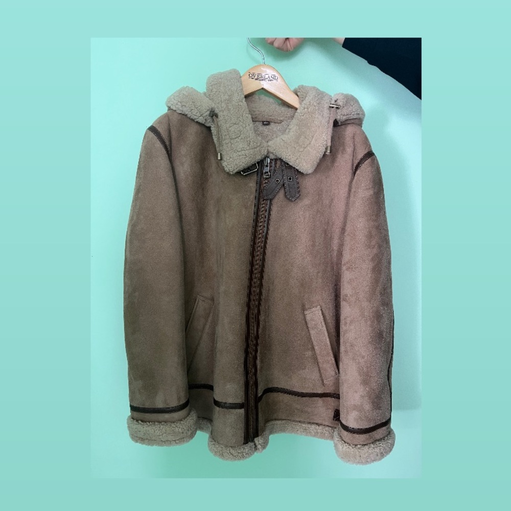 Men’s L size Overland Desert Sheepskin B-3 Bomber Jacket with Detachable Hood